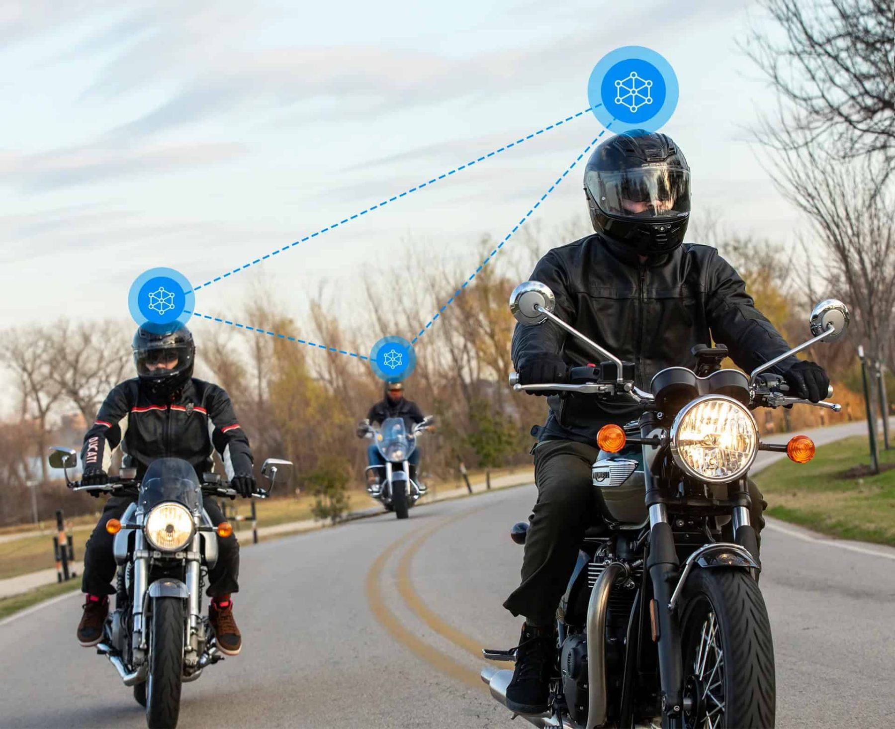 Group of riders using Sena helmets with Mesh intercom connection on a road ride