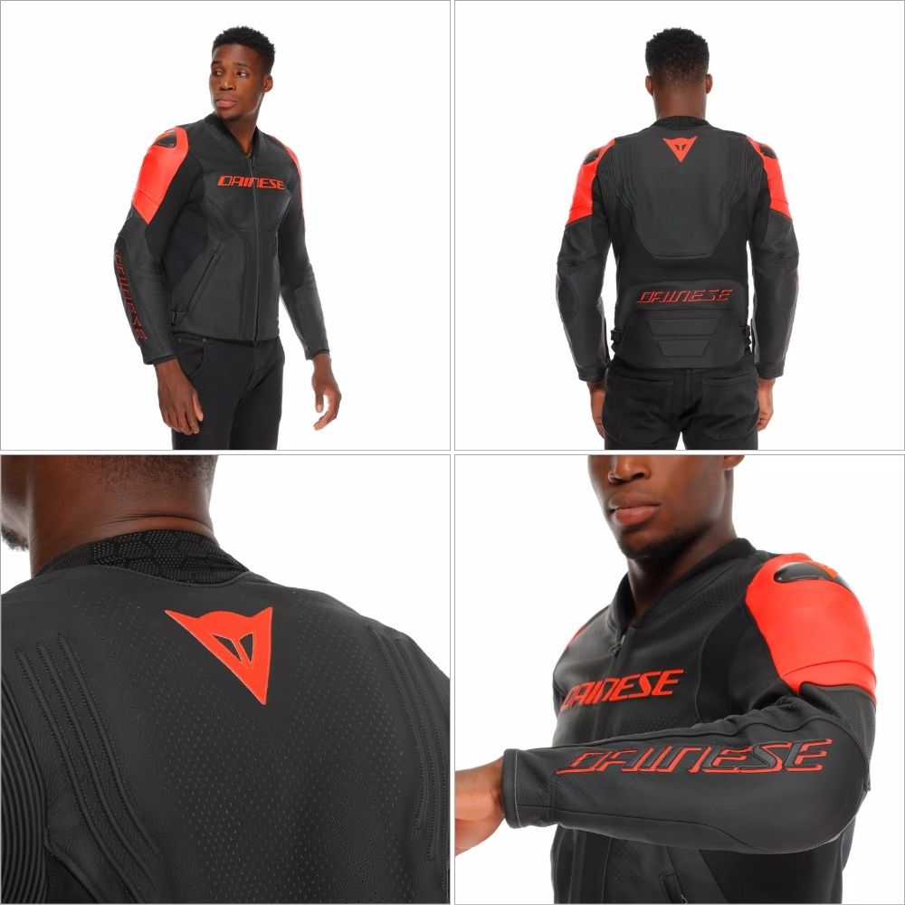Model wearing Dainese Racing 5 perforated leather motorcycle jacket with red shoulder accents