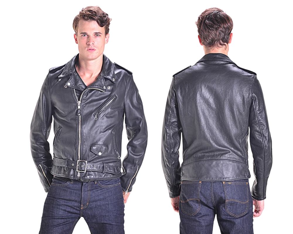 Model wearing the Schott 626VN Perfecto Vintaged leather motorcycle jacket with classic asymmetrical biker styling