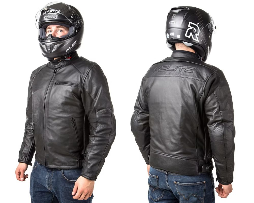 Rider wearing the Helite Leather Airbag Jacket, front and back view