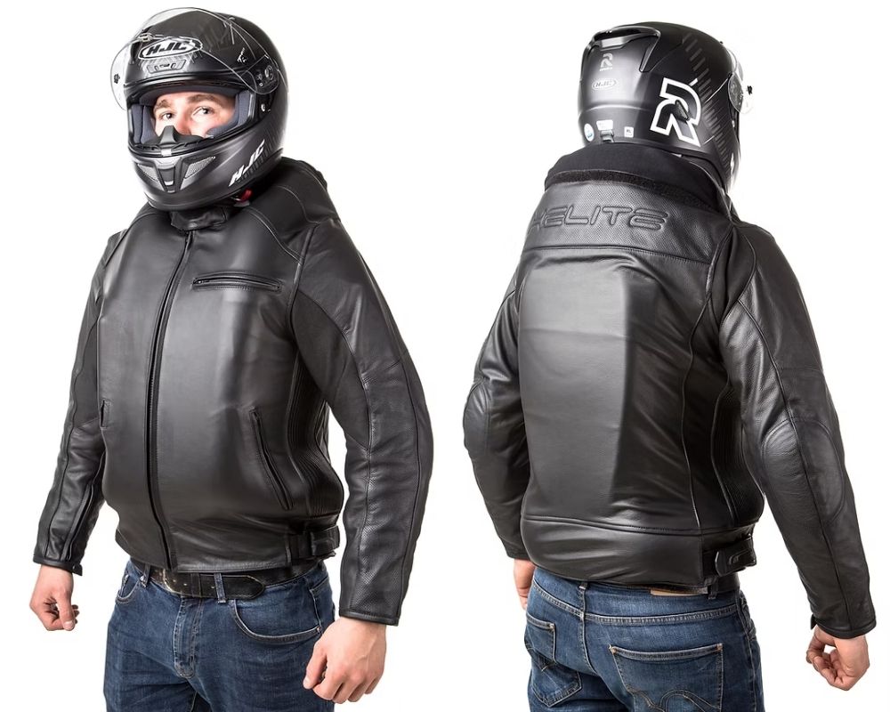 Front and back view of rider wearing the Helite leather airbag-compatible motorcycle jacket and helmet