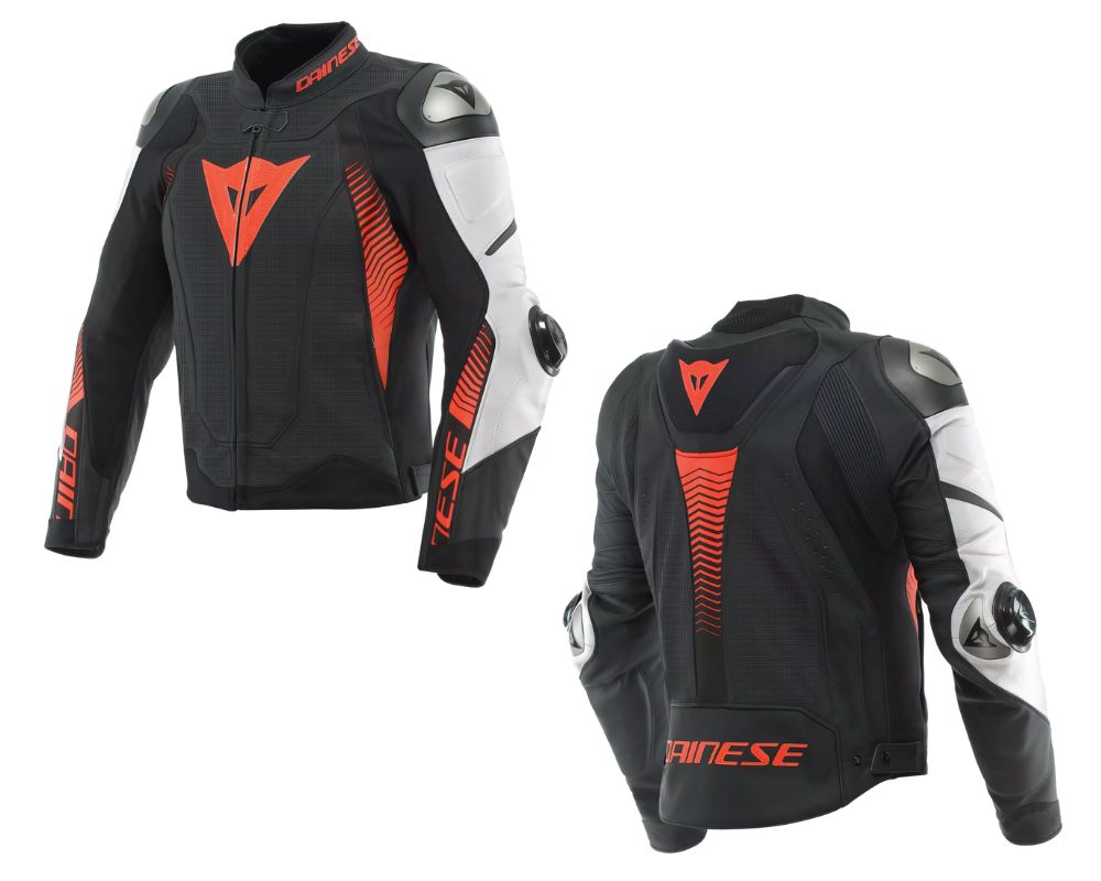 Dainese Super Speed 4 Perforated leather motorcycle jacket, front and back view