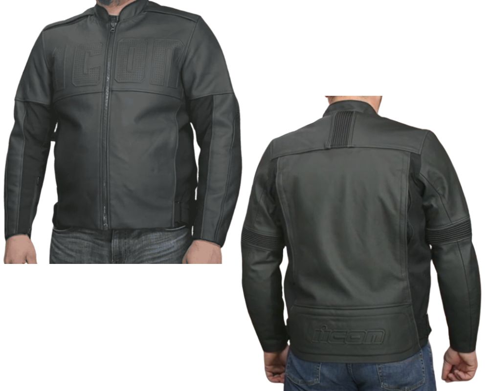 Front and back view of the Icon Motorhead3 leather motorcycle jacket on rider