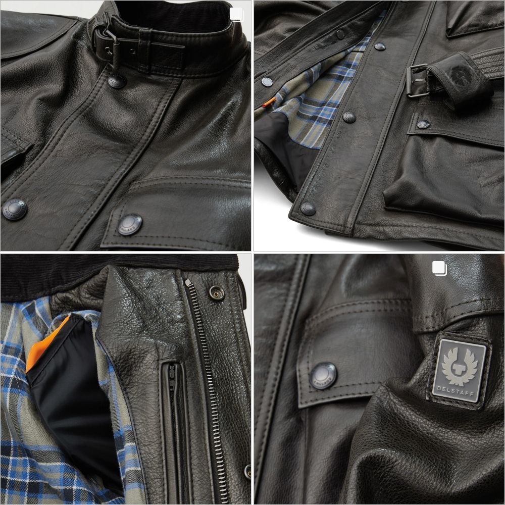 Close-up detail shots of the Belstaff Trialmaster Pro Leather Jacket, showing leather texture, lining, buckles, and branding
