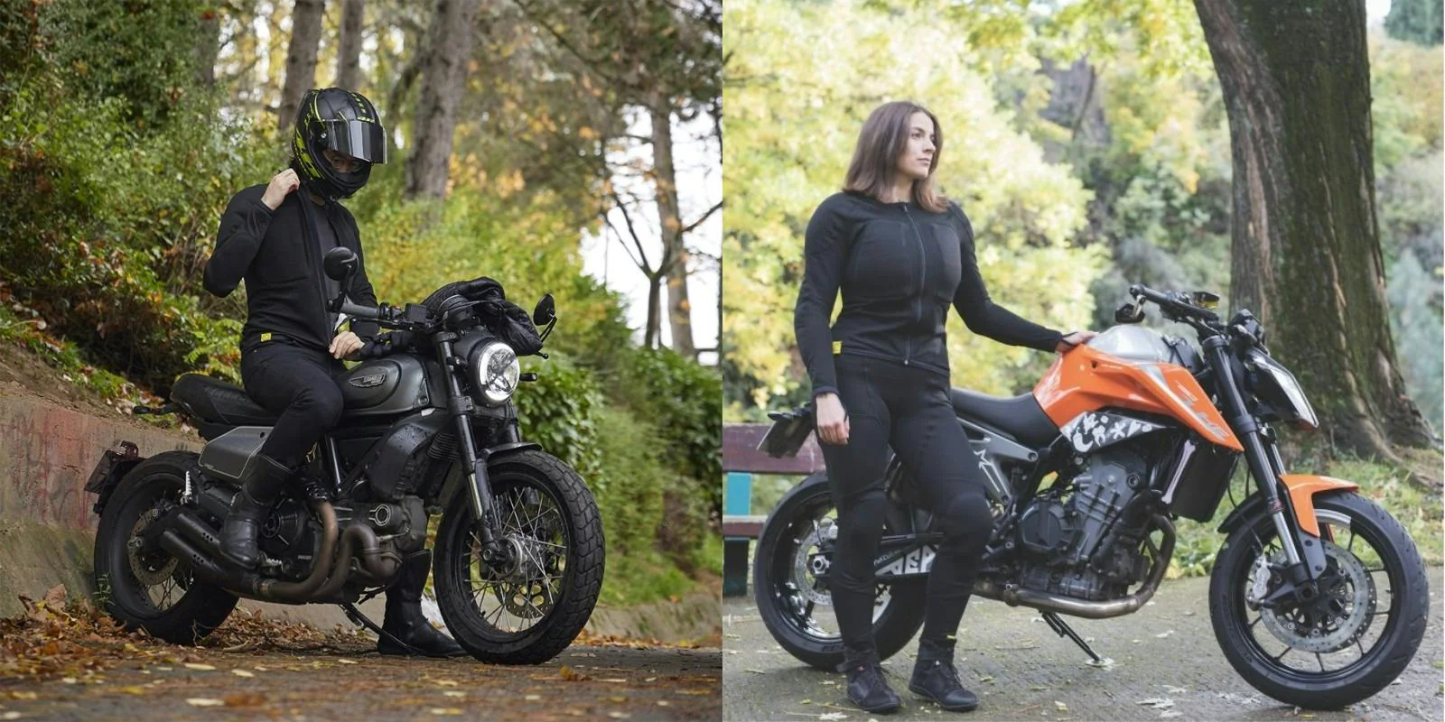 Two riders wearing armored motorcycle leggings and tops while standing with their bikes in a forested area