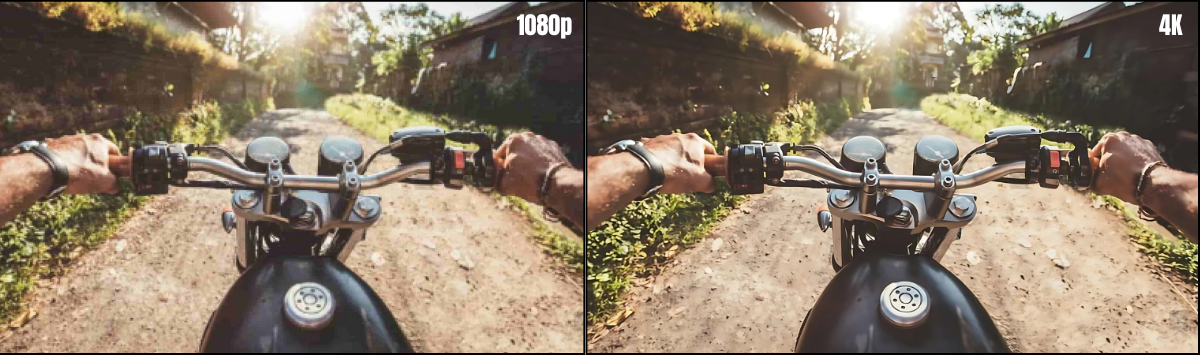 Side-by-side comparison of 1080p vs. 4K motorcycle action camera footage