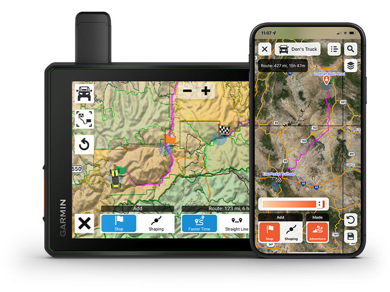 Garmin XT2 GPS unit and smartphone displaying route synced via Garmin Tread app