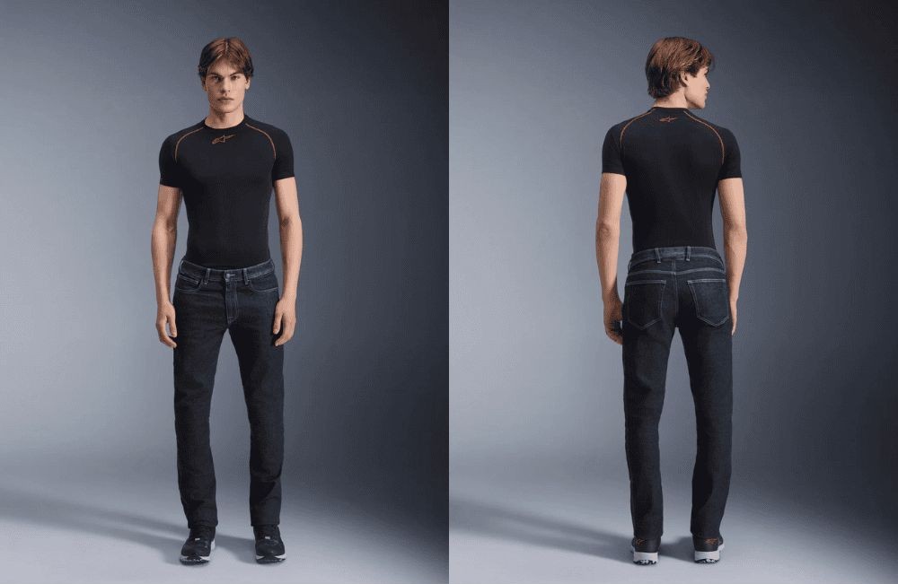 Front and back view of a rider wearing Alpinestars Copper V3 motorcycle jeans, showcasing the slim fit and casual design for urban riding