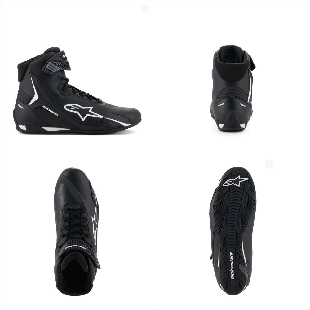 Multiple angles of the Alpinestars Faster-4 motorcycle riding shoes showing side, top, rear, and sole views