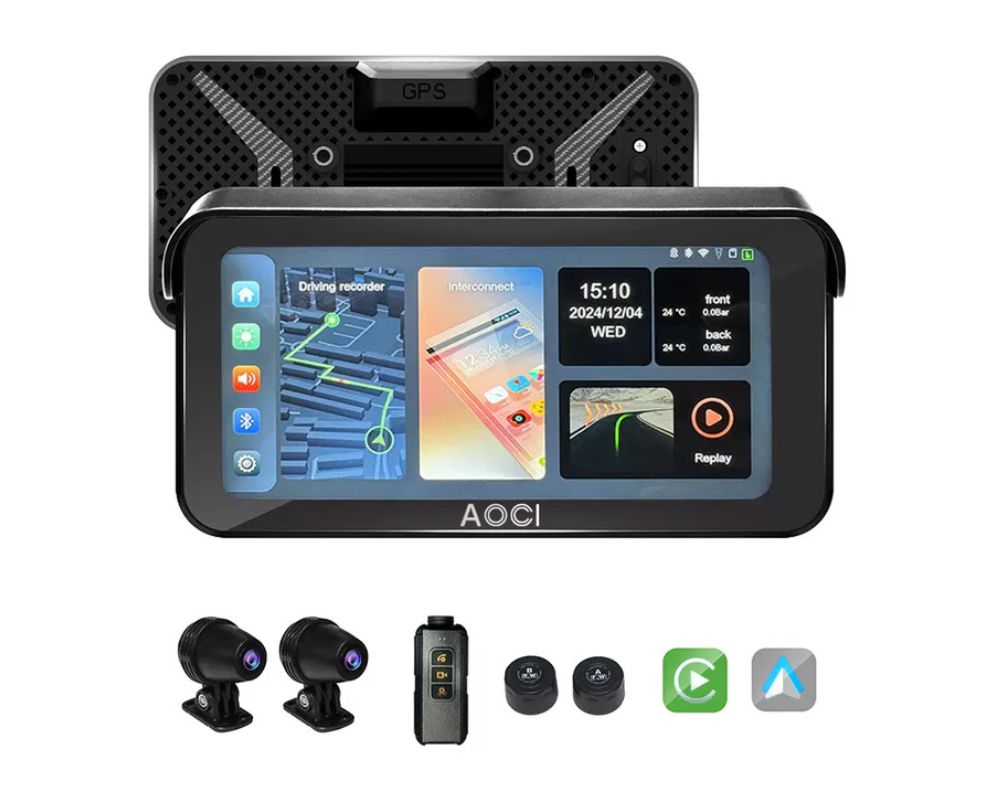 Aoocci C6 Pro motorcycle GPS display with dual cameras and smart touchscreen interface
