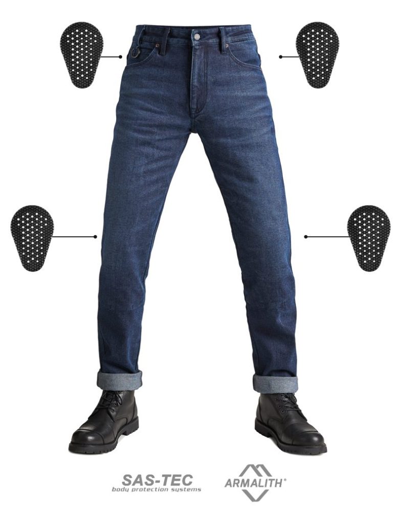 Single-layer motorcycle jeans with SAS-TEC armor and Armalith denim construction