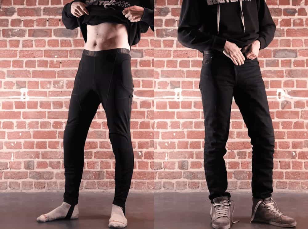Bowtex Elite CE AAA-rated armored leggings shown worn under regular jeans