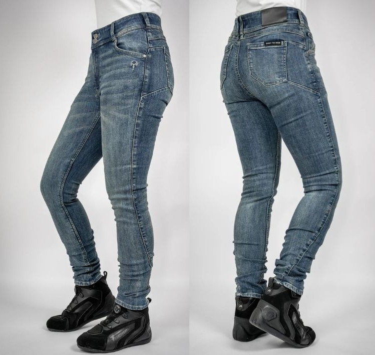 Bull-it Heron Straight Women’s motorcycle jeans in light blue, shown from front and back, styled with riding boots