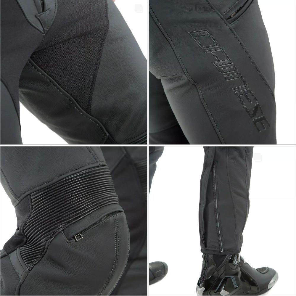 Close-up detail shots of Dainese Pony 3 Leather Pants, showing stretch panels, branding, and lower leg zippers.