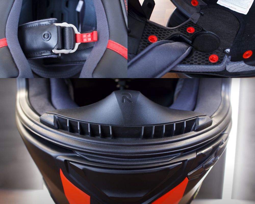 Close-up of HJC RPHA 1N chin strap, interior, and breath deflector details
