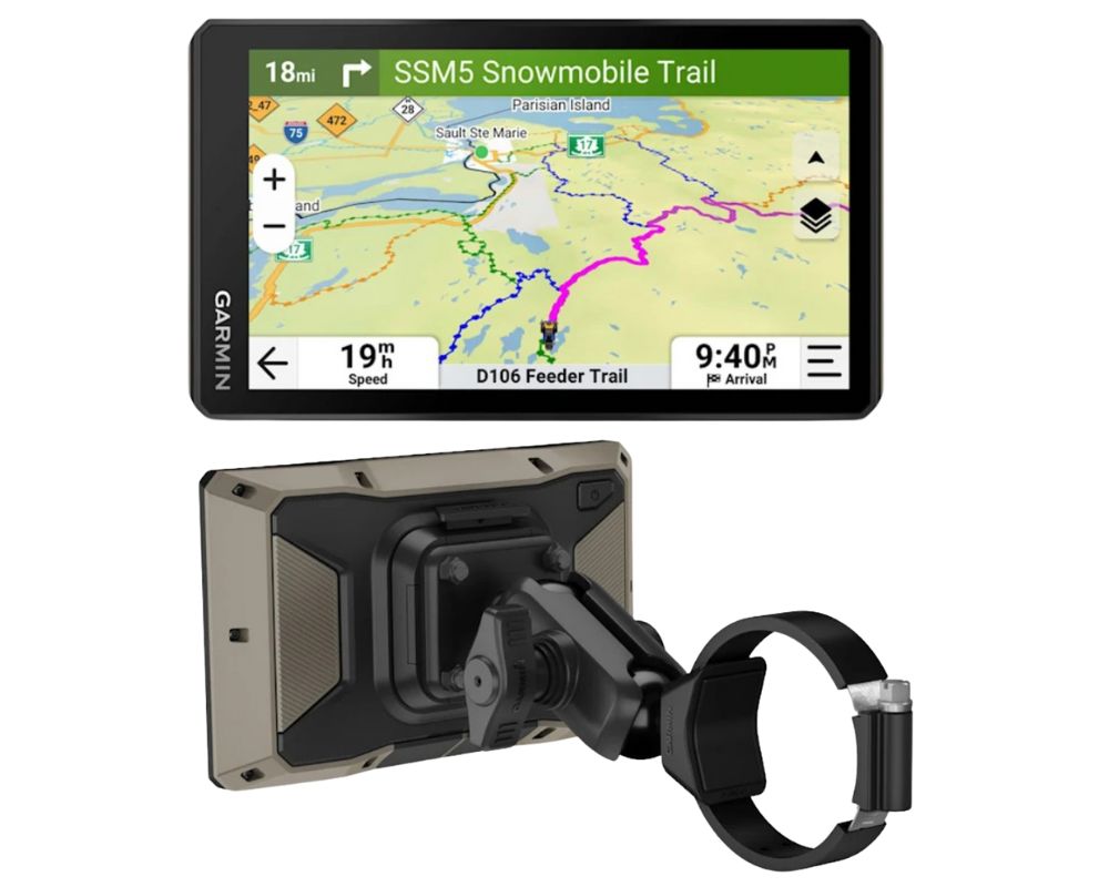 Garmin Tread 2 GPS navigator front and rear view with rugged handlebar mount and trail mapping display