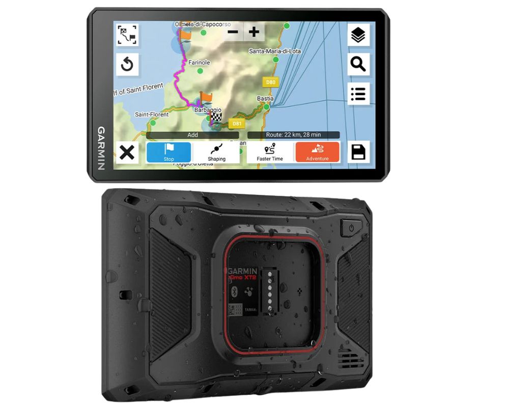 Garmin Zūmo XT2 GPS front and back view with waterproof rugged design and 6-inch adventure navigation