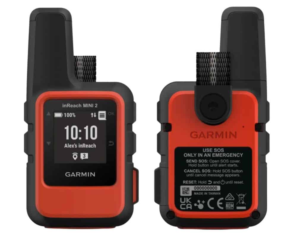 Front and back view of Garmin inReach Mini 2 satellite communicator in red and black design