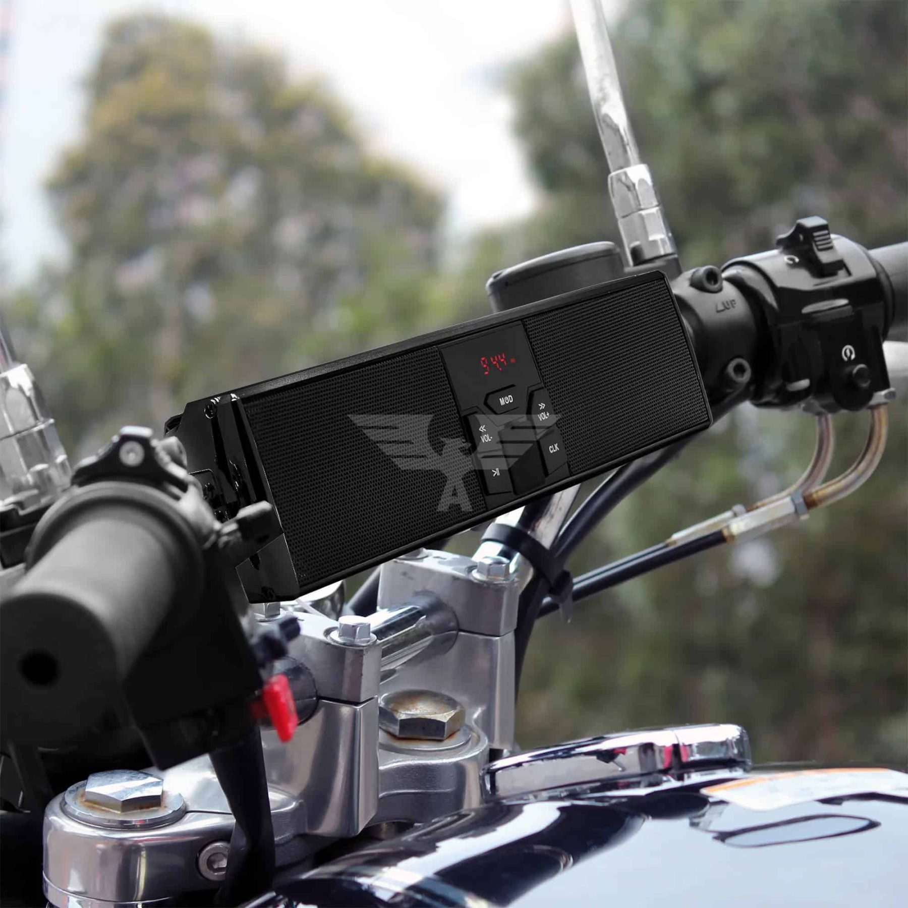 GoHawk RE8 Bluetooth motorcycle speaker mounted on motorcycle handlebars