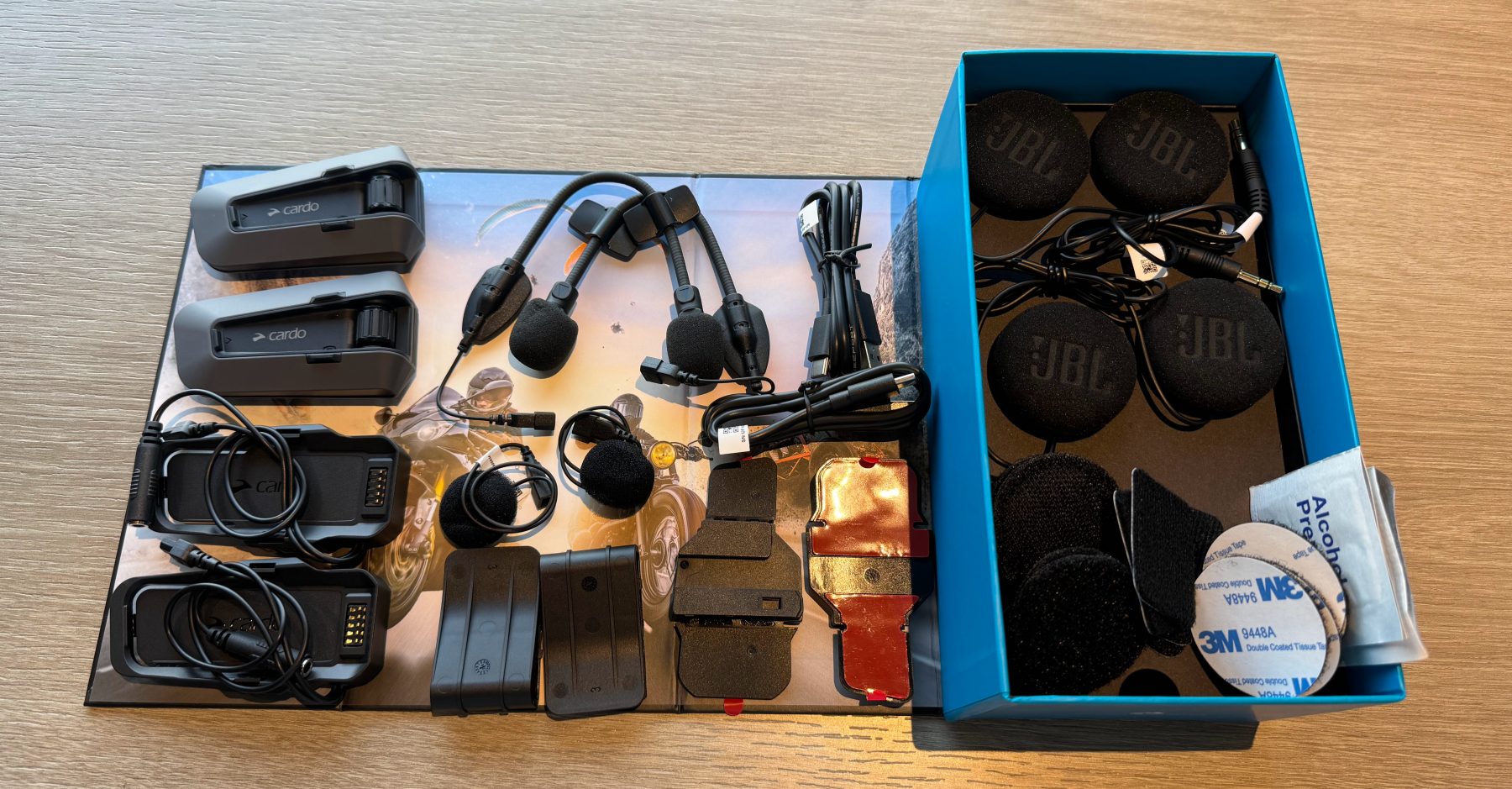 Full contents of the Cardo Packtalk Edge Duo communication system kit