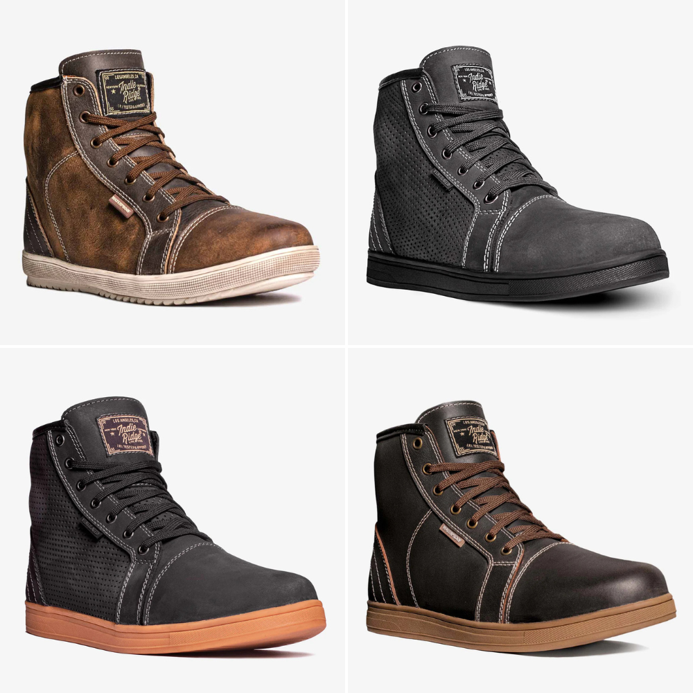 Four pairs of high-top motorcycle riding boots in various colors and styles by Indie Ridge