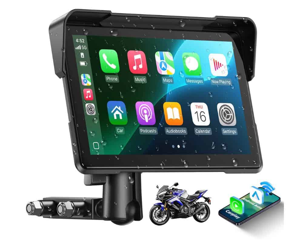 LAMTTO RC19 motorcycle GPS screen with waterproof design and CarPlay interface