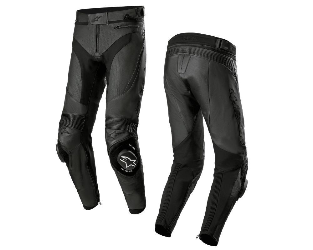 Front and rear views of Alpinestars Missile V3 Airflow Pants showing leather construction, knee sliders, stretch zones, and sport fit.