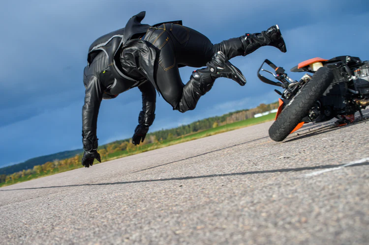 Motorcyclist mid-air during crash test wearing Mo'cycle Airbag Jeans