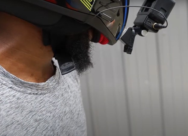 LS2 Rapid helmet chin bar sitting high, showing poor fit under rider’s chin