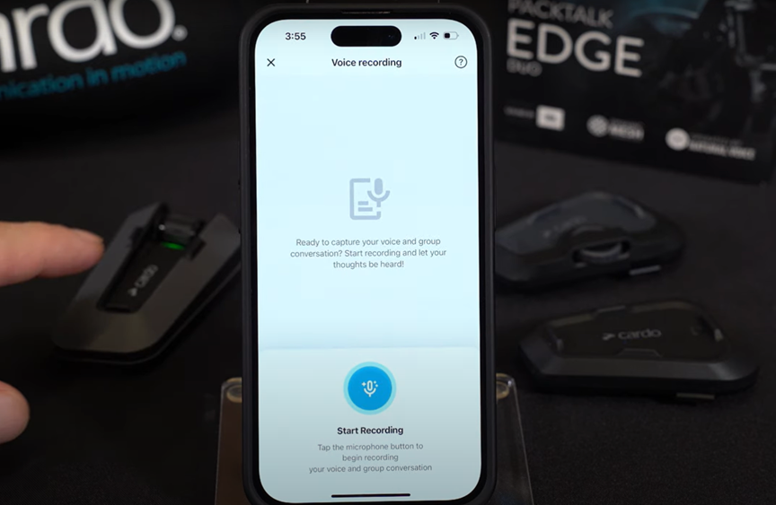 Cardo Packtalk Edge voice recording feature shown on smartphone