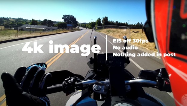 Helmet-mounted camera view showing 4K footage at 30fps with EIS off, no audio