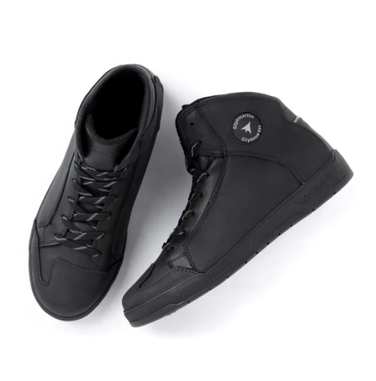 Stylmartin Matt WP black motorcycle riding shoes viewed from top and side angles on white background.