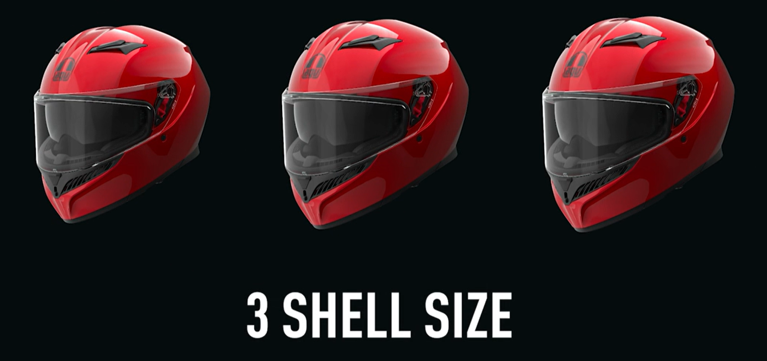Three AGV K3 helmets in different shell sizes shown side by side