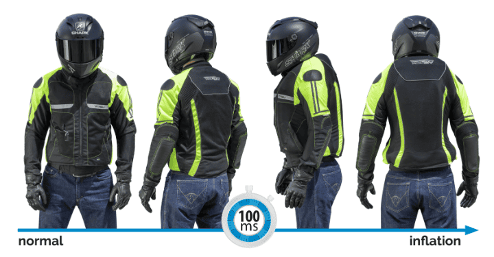 Helite Free-Air Mesh Airbag Jacket inflating in 100 milliseconds for rider protection