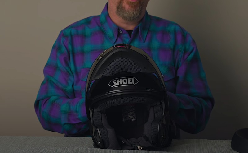 Shoei Neotec 3 helmet with chin bar fully raised to its second detent