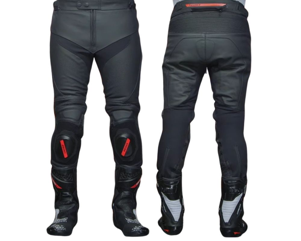 Front and back view of Sedici Corsa 2 leather motorcycle pants with knee sliders and stretch panel detailing.