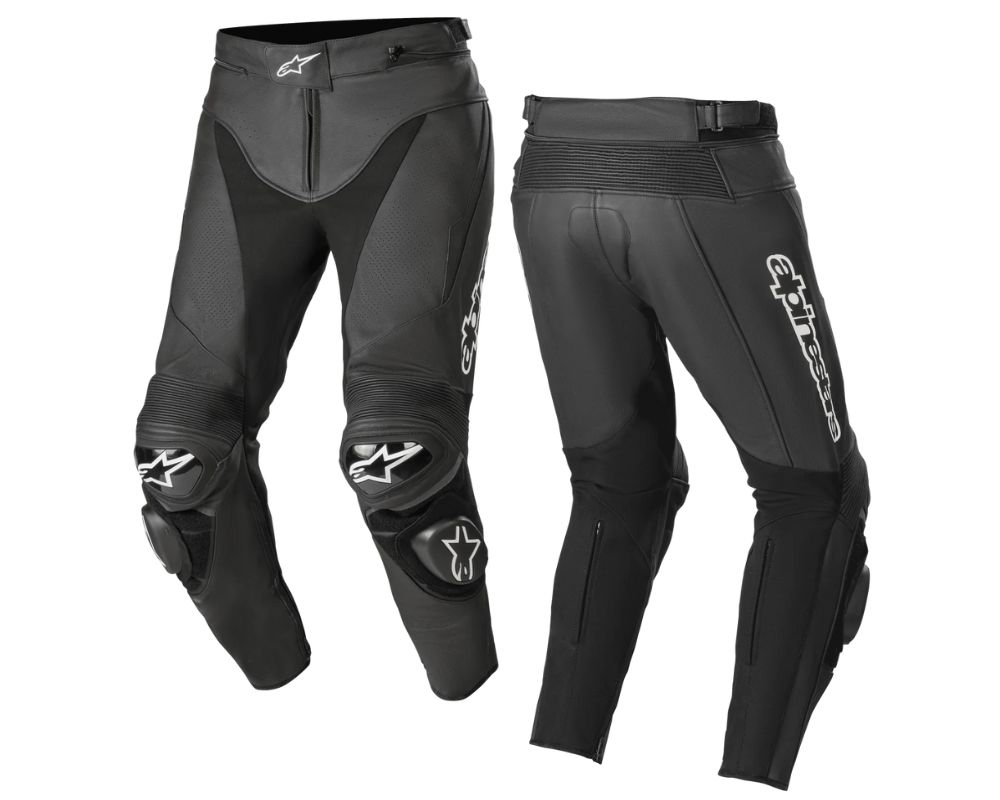 Front and rear view of Alpinestars Track V2 Leather Pants showing knee sliders, stretch panels, and sport-fit construction.