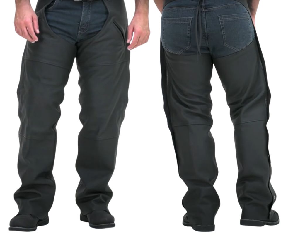 Front and back view of Street & Steel Richmond 2 leather motorcycle chaps worn over jeans.