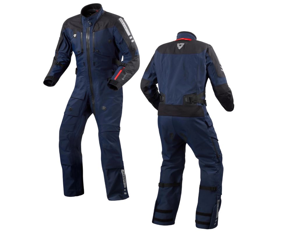 REV’IT! Paramount GTX one-piece motorcycle suit in navy with black accents, front and rear views shown.