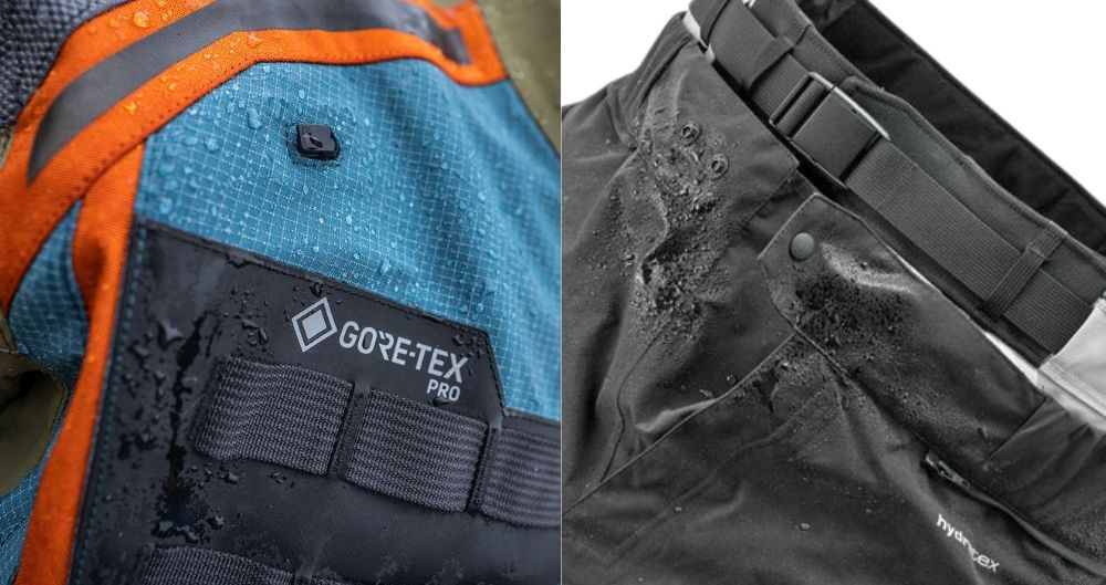 Side-by-side comparison of waterproof motorcycle gear: GORE-TEX Pro laminated fabric on the left and Hydratex liner-based construction on the right, both with water beading on the surface.