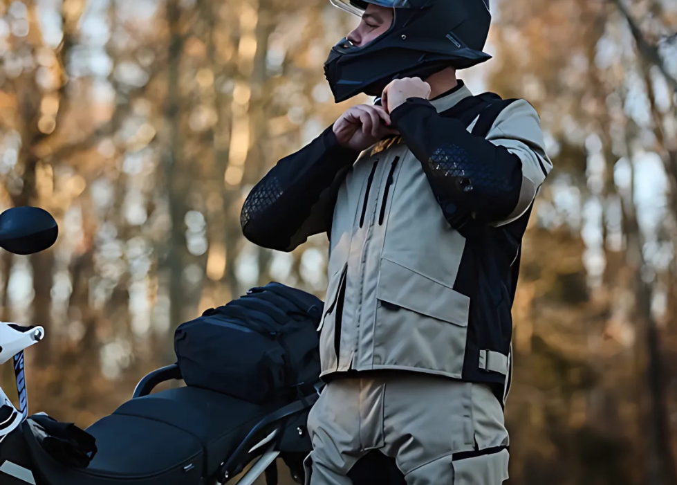 Motorcyclist zipping up the Sedici Marco 2 Mesh Waterproof Jacket in an outdoor forest setting