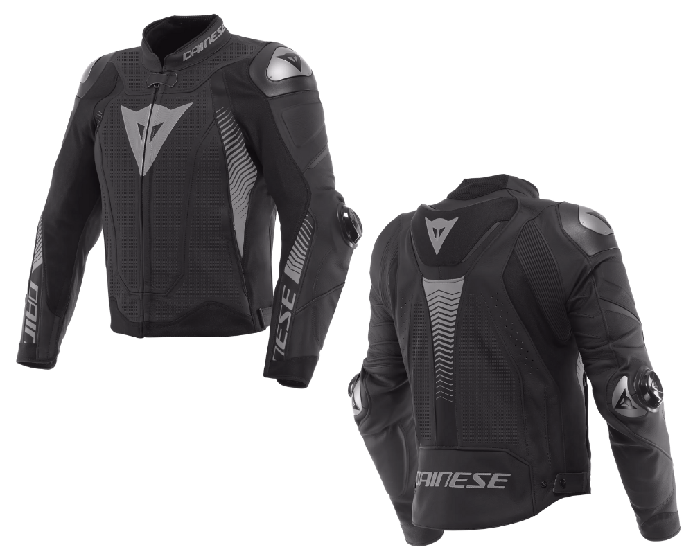 Front and back view of the Dainese Super Speed 4 Perforated Leather Motorcycle Jacket in black