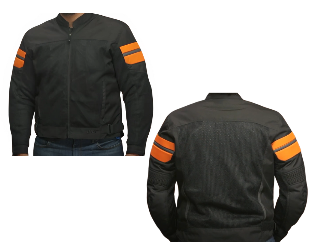 Front and back view of the BILT Blaze 3 Mesh Jacket with orange arm accents.