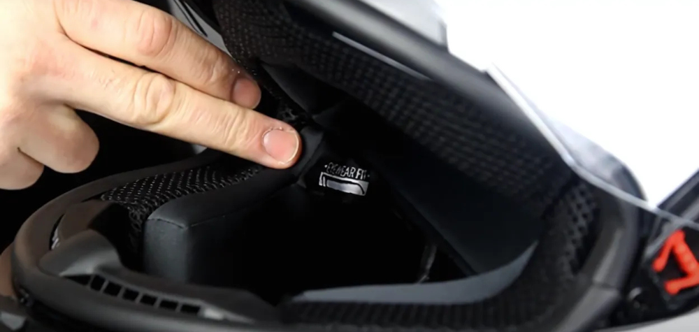 Close-up of AGV K3 helmet's eyewear fit cheek pads