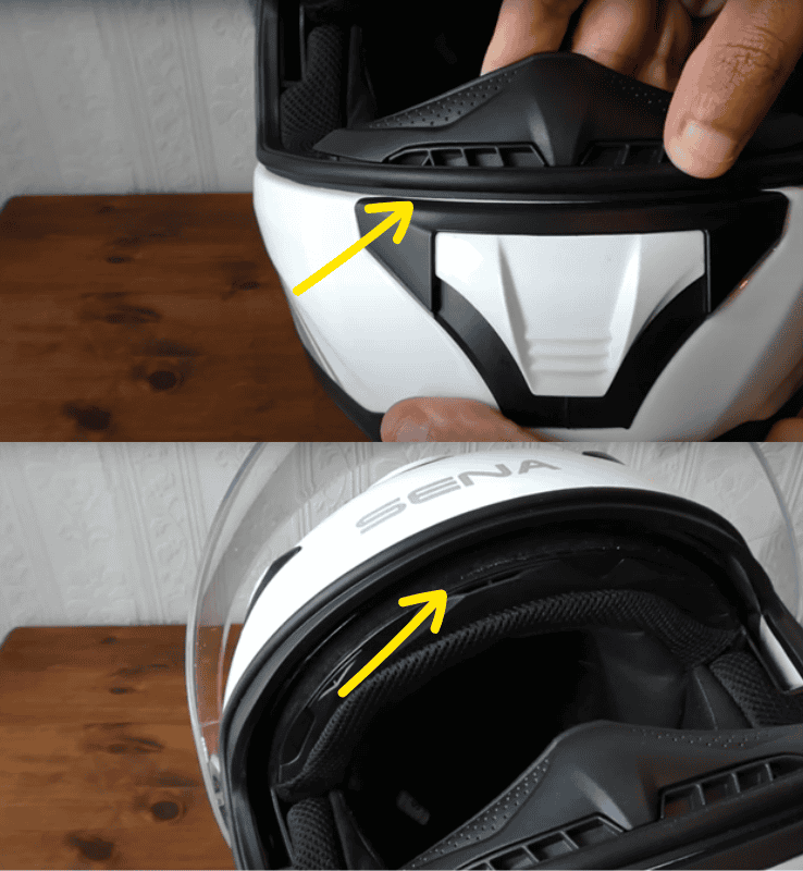 Close-up of minor cosmetic issues on the Sena Stryker helmet, including misaligned vent and fraying fabric