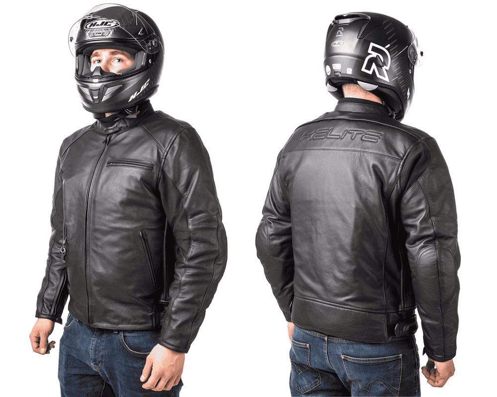 Rider wearing the Helite Leather Airbag Jacket, front and back view