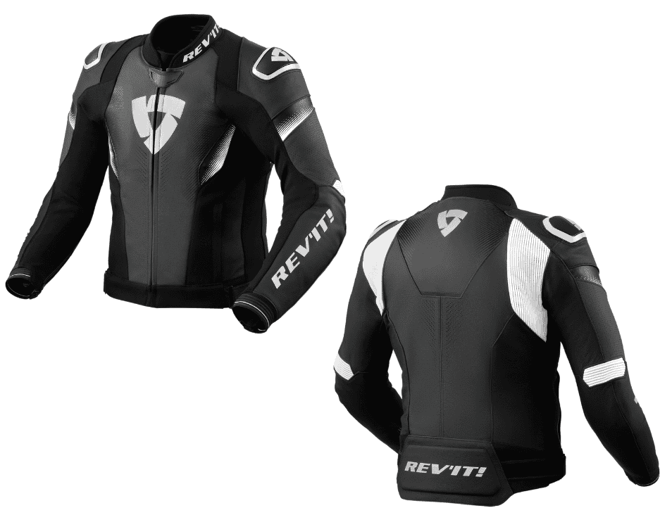 Front and back view of the REV’IT! Control motorcycle jacket in black and white