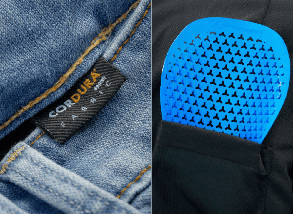 Close-up of REV’IT! Violet Jeans featuring CORDURA® denim and SeeSmart™ CE Level 1 armor