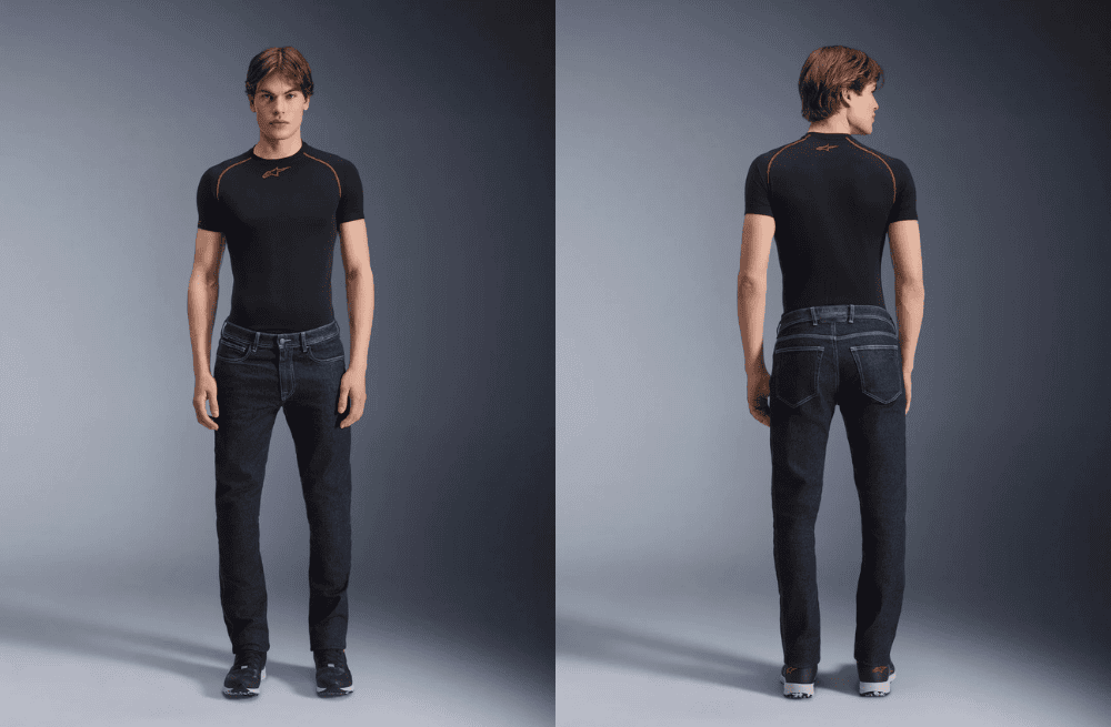 Front and back view of rider wearing Alpinestars Copper V3 riding jeans