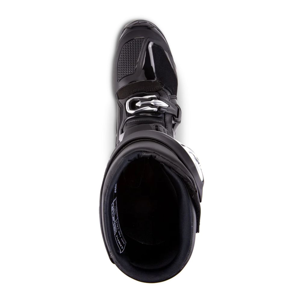 Top view of motocross boot showing internal padding and buckle system